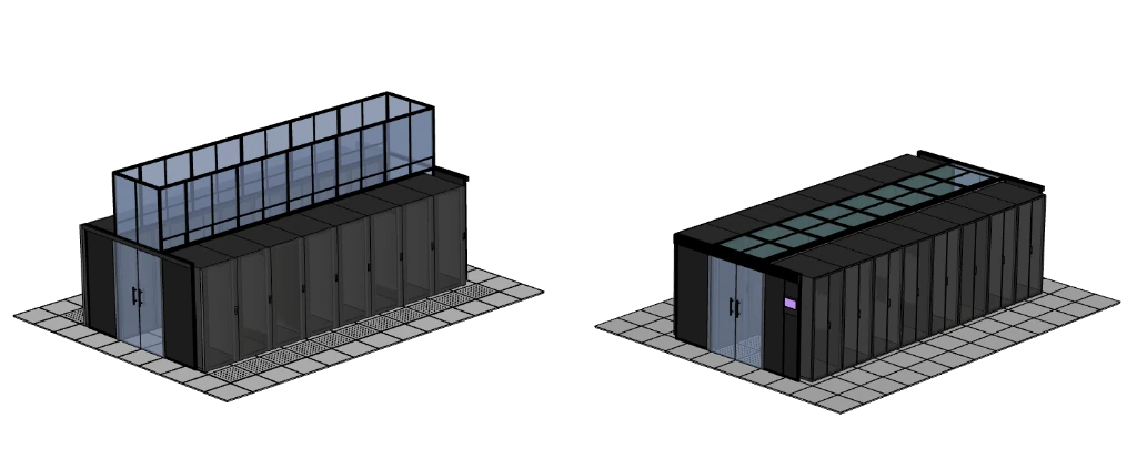 ระบบกักลมเย็น ColdWear แบบ isometric แสดง Hot Aisle และ Cold Aisle containment